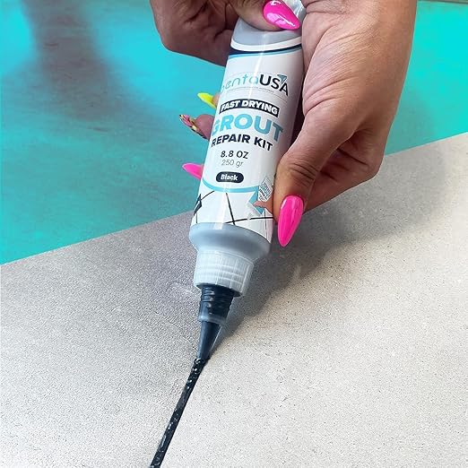 PentaUSA Tile Grout Repair Kit - Black Premixed Acrylic Sanded Grout Filler for Bathroom, Shower, and Kitchen Tile Repair, Water-Resistant Tube with Applicator, Fills Cracks and Gaps, (8.8oz / 250g)