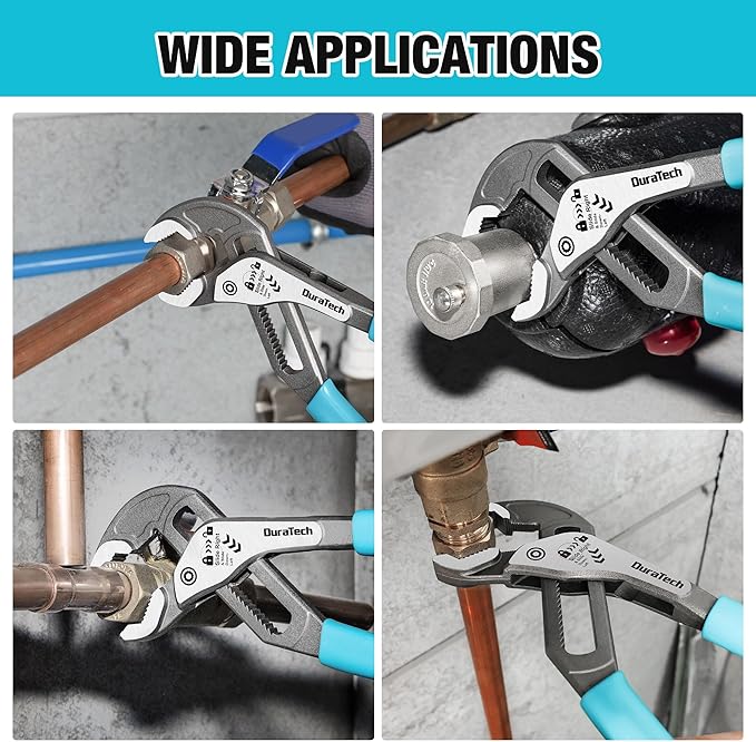 DURATECH 3-Piece Water Pump Pliers Set(8", 10", 12"), Quick-Adjust Groove Joint Pliers with Slide-to-Unlock Mechanism, V-Jaw Design, CR-V Steel, for Plumbing, Automotive, and Household Repairs