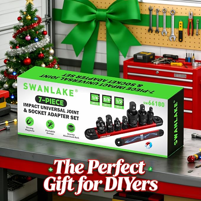 7-Piece Impact Swivel Socket Adapter Set, 1/4" 3/8" 1/2" Drive Universal Joint Socket Set CR-MO Steel, Wobble Joint Sockets Reducer with Magnetic Aluminum Sockets Rail