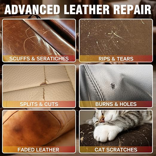 Leather Repair Kit for Furniture, Leather Seat Repair Kit for Cars, Vinyl Repair Kit for Sofa, Purse, Jacket, Restore Any Material, Fix Scratches, Tears, Holes with Easy Instructions, Match Any Color