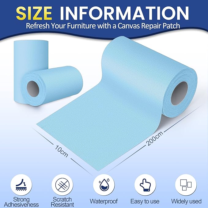 Self-Adhesive Canvas Repair Tape, 4" x 80" Waterproof Canvas Repair Patch, Fabric Patch Repairs Kit for Furniture, Tents, Sunbrellas, Boat Covers Awnings, Couches, Clothes, Bags Light Blue