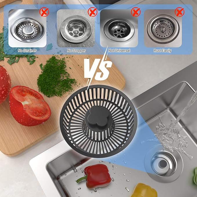 Widened 3 in 1 Kitchen Sink Drain Strainer & Stopper Kit, 304 Stainless Steel Pop Up Kitchen Sink Stopper with Extra Strainer Basket, Fast Drainage Kitchen Sink Plug for US Standard 3-1/2 Inch Drain