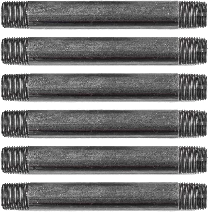 PIPE DÉCOR 1/2” x 6” Malleable Cast Iron Pipe Nipple, Pre Cut Connectors, Industrial Steel Grey Fits Standard Half Inch Black Threaded Pipes Nipples and Fittings, Build Vintage DIY Furniture, 6 Pack