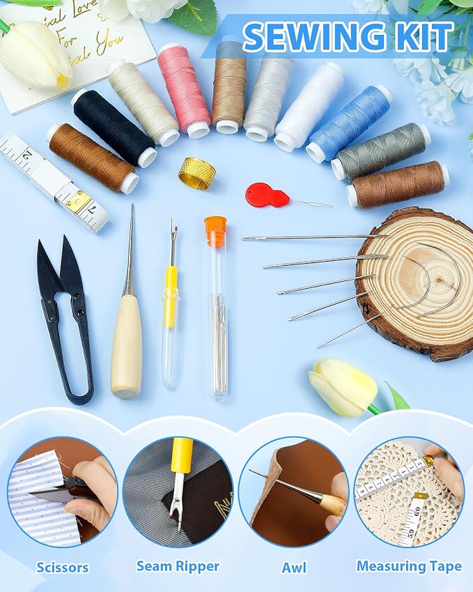 PLANTIONAL Upholstery Repair Sewing Kit, Heavy Duty Sewing Kit with Sewing Awl, Seam Ripper, Leather Hand Sewing/Stitching Needles, Sewing Thread for Car/Sofa/Backpack/Shoe, Craft DIY, 10 Color, 47Pc