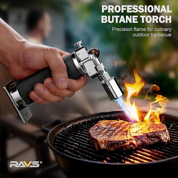 RAVS Butane Torch Lighter, Premium Metal Kitchen Torch with Adjustable Flame & Safety Buckle, Refillable Creme Brulee Torch for Baking, BBQ, DIY, Resin Art, Black, Butane Gas Not Included