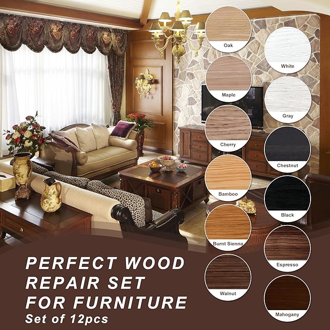Hupeyna Wood Furniture Repair Kit, 12 Colors Wood Repair Kit, Wood Touch up Fillers, Repair Scratch, Cracks, Discoloration for Wooden Cabinet, Floor, Door, Table Surfaces Wood Filler Paint