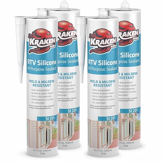 Kraken Bond Gray Silicone Sealant Waterproof%100-10 fl oz Cartridge - RTV Silicone Caulk Bathroom and Kitchen, All Purpose, Window Caulking Sealant Outdoor, RV, Exterior Use Silicon - 4 Pack