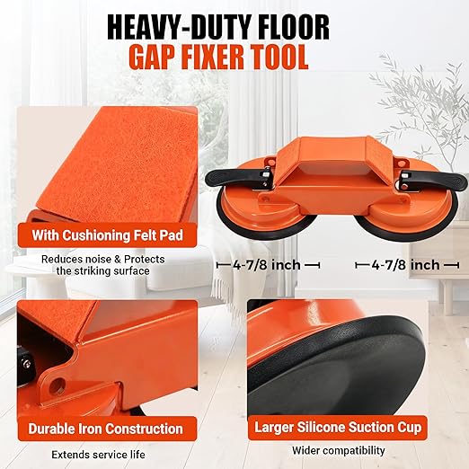 Floor Gap Fixer Tool: Flooring Repair Tool with 45° Striking Surface & Dual Suction Cups for Laminate & Vinyl Plank Floors Gap Puller Kit with Rubber Mallet, 8 Reusable Sticky Pads & Scraper