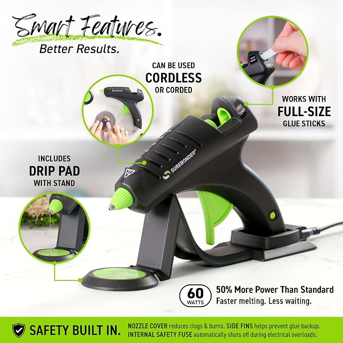 Surebonder Cordless Hot Glue Gun, High Temperature, Full Size, 60W, 50% More Power - Sturdily Bonds Metal, Wood, Ceramics, Leather & Other Strong Materials (Specialty Series CL-800F)