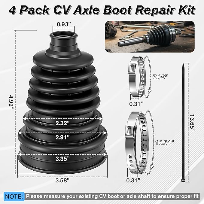 4 PCS Rubber CV Axle Boot Repair Kit with CV Boot Tool Cone Mounting, 8pcs Stainless Steel Clamps and 12pcs Cable ties for 2.32" 2.91" 3.35" Calibers, Waterproof Dustproof Protection for Protect Axle