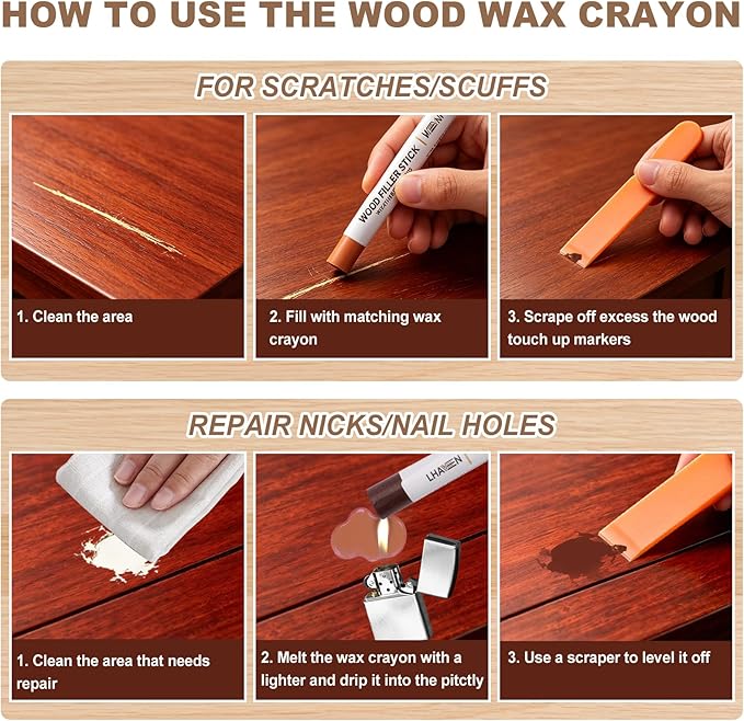 Wood Filler Sticks, 12 Colors Wood Repair Crayons for Scratches, Cracks, Nail Holes, Stains - Furniture Touch Up Wax for Floors, Cabinets, Tables, Doors