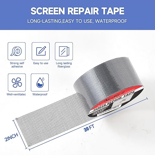Window Screen Repair Tape, 2 in X 30 FT (360IN) Screen Repair Kit for Windows or Doors, Strong Adhesive Screen Patch Repair Kit Mesh Repair (Grey, 30 FT)