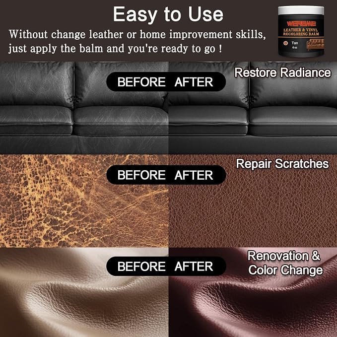 Leather Recoloring Balm - Leather & Vinyl Repair Balm for Furniture, Couches,Car Seats, Auto Interior & Accessories, Restores Faded, Worn, Scratched and Cracked Leather Surfaces (Tan)