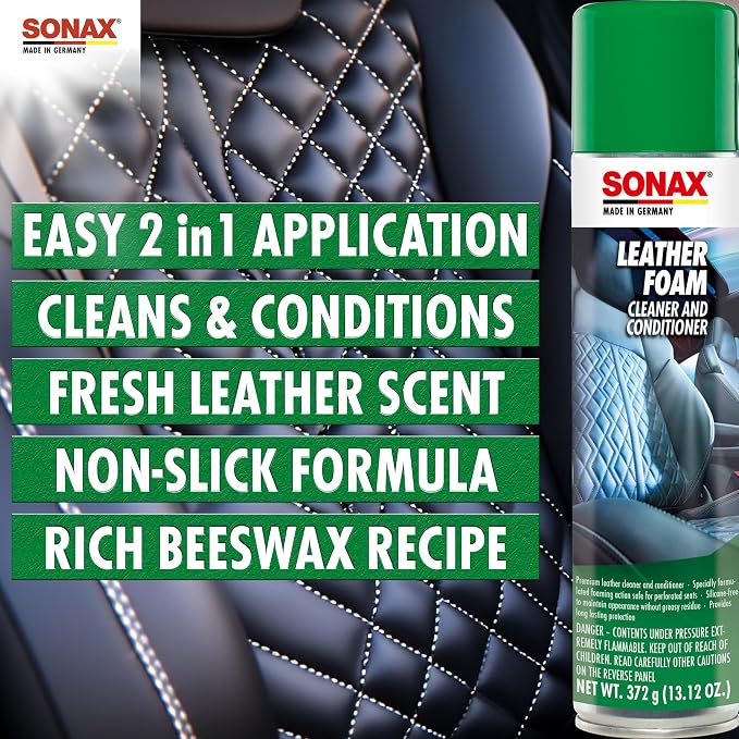 SONAX Leather Foam 289300 | 2 in 1 Aerosol Leather Cleaner and Conditioner | Safe to Use on Perforated Air Conditioned/Heated Seats | UV Protection Prevents UV Damage | 13.02 oz