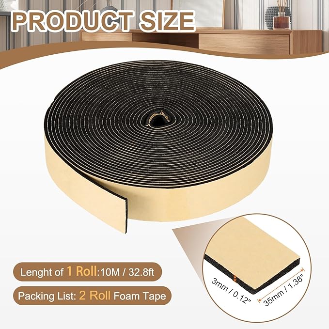 PATIKIL Foam Insulation Tape, 2Pcs 1-3/8" W x 1/8" t x 32.8FT Self Adhesive Weather Stripping Door Seal Strip for Door Window Air Conditioning, Black