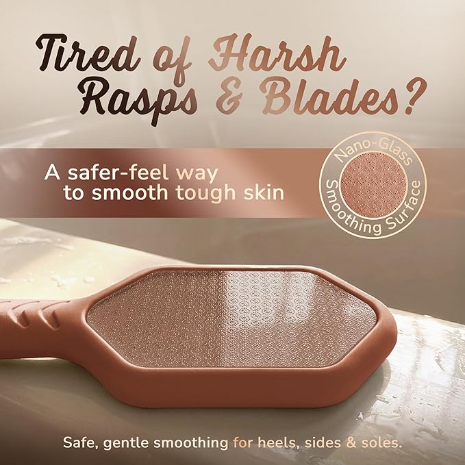 SILKLE Nano Glass Foot File - Silicone Foot Callus Remover for Feet and Cracked Heels - Heel Scraper for Dead Skin - Ergonomic Foot Scrubber & Exfoliator for Shower with Non-Slip Grip - Brown