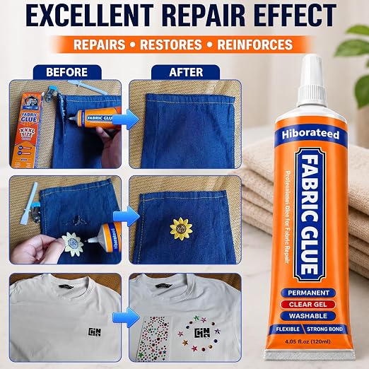 120 ML Fabric Glue Permanent for Clothing Repair, Washable, Dry Clear | no-sew fabric repair kits include craper & clamp for Patch, Clothes, Sewing, Denim, Leather, Polyester, Flannel, Cotton