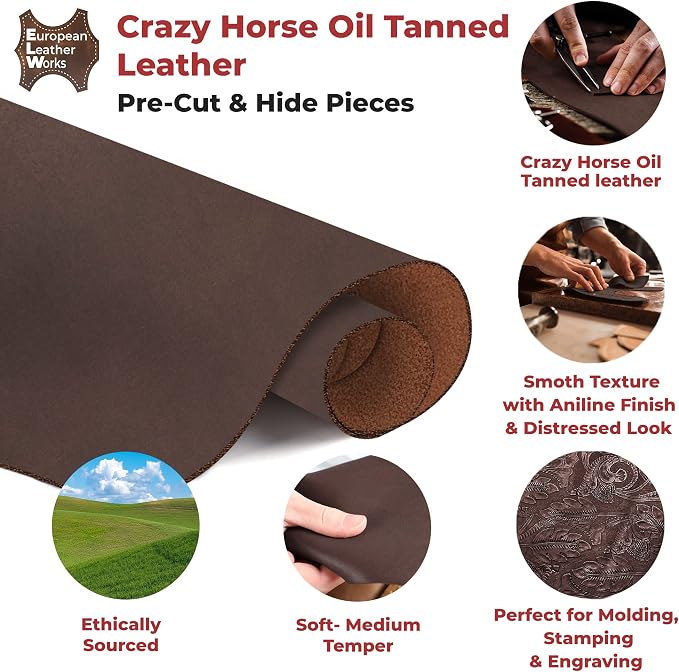 ELW Crazy Horse Leather 5-6 OZ (2-2.4mm) | Mahogany - Antique Brown | Pre-Cut 2.5-4 SQ FT | Full Grain Cowhide Handmade Leather for DIY, Crafts, Sheaths, Sewing, Workshop