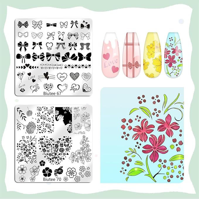 Biutee 16PCS Nail Stamping Plates Nail Stamper Kit with Nail Stamper, Scraper & Storage Bag, Nail Stamping Kit Nail Art Stamping Plates with Butterfly Flower Leaf Bowknot Design for DIY Nail Art