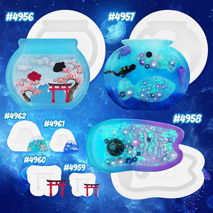 Resin Shaker Silicone Molds and Seal Films Casting Set Pack of 12 Enchanted Japanese Jewelry Charm Koinobori Mt Fuji Goldfish Bowl