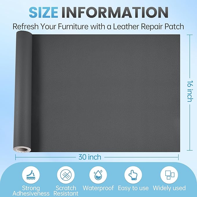 Leather Repair Patch Tape Kit, 16" x 30" Self Adhesive Leather Repair Patch for Furniture, Vinyl Leather Repair Kit for Car Seat, Chairs, Couch, Sofa, Boat Dark Grey