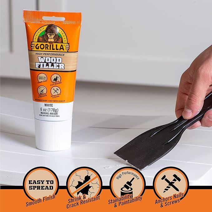 Gorilla All Purpose Wood Filler, White Wood Filler, 6 Ounce Tube (Pack of 6) - Water Resistant for Indoor or Outdoor Projects and Repairs