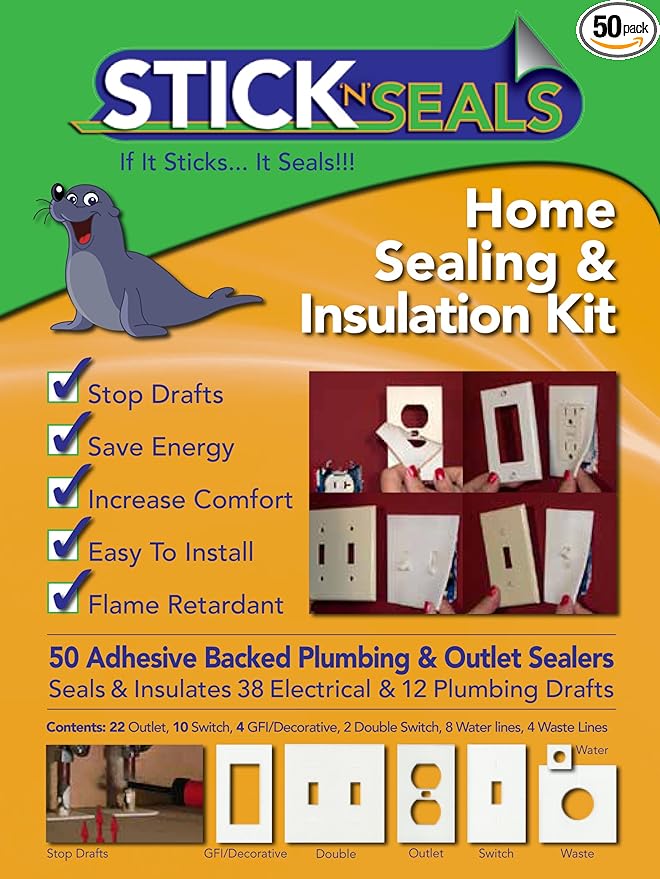 Stick 'N' Seal Adhesive Backed Plumbing and Outlet Draft Sealers. Home Sealing Kit. Save Energy and Money. Pack of 50