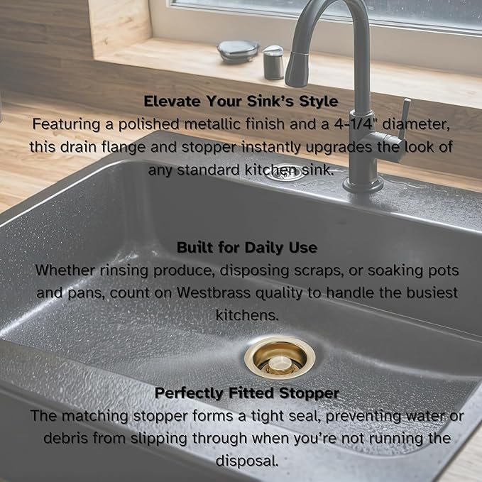Westbrass D2089-01 4-1/4" Kitchen Sink Waste Disposal Drain Flange and Stopper, Polished Brass