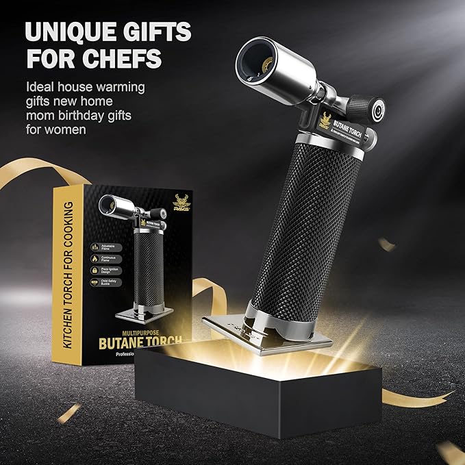 RAVS Butane Torch Lighter, Premium Metal Kitchen Torch with Adjustable Flame & Safety Buckle, Refillable Creme Brulee Torch for Baking, BBQ, DIY, Resin Art, Black, Butane Gas Not Included