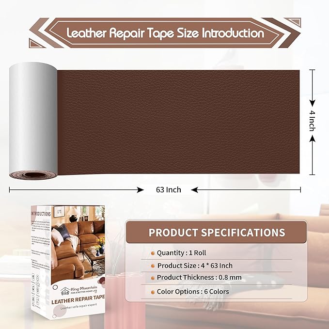 KING MOUNTAIN Leather Repair Patch,4 x 63 Inches self Adhesive Leather Repair Tape for Damaged Leather Furniture, Sofa Seating,Car Seats, Leather Goods (Medium Brown)