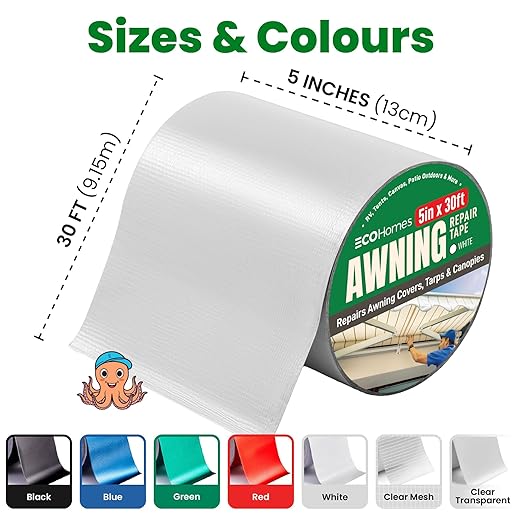 Awning Covers & Tarp Repair Tape - Waterproof Self Adhesive Patch Repair Kit | Patch Tapes for Awnings, Outdoor Canopies, Patio Window Awnings, Gazebos, Tents, RV, Canvas, Boat Covers (White, 5 Inch)