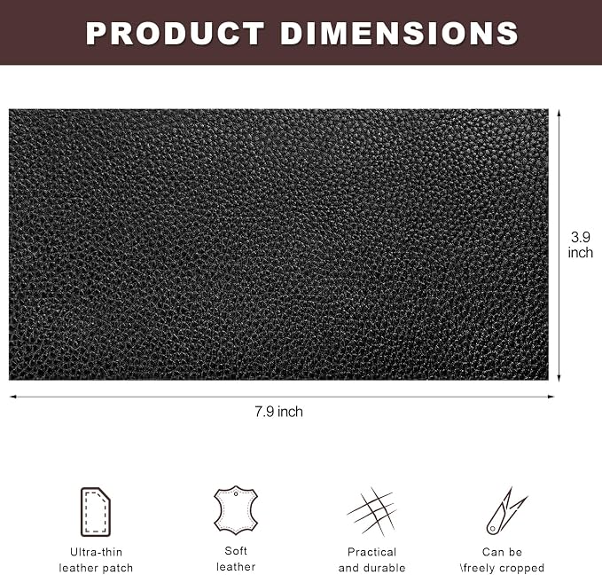 2 PCS PU Leather Patch for Car Seat Repair, 8 × 4 Inch Waterproof Auto Upholstery Cuttable Patches, Self-Adhesive Seat Leather Tape Portable Repair Kit for Vehicles (Black)