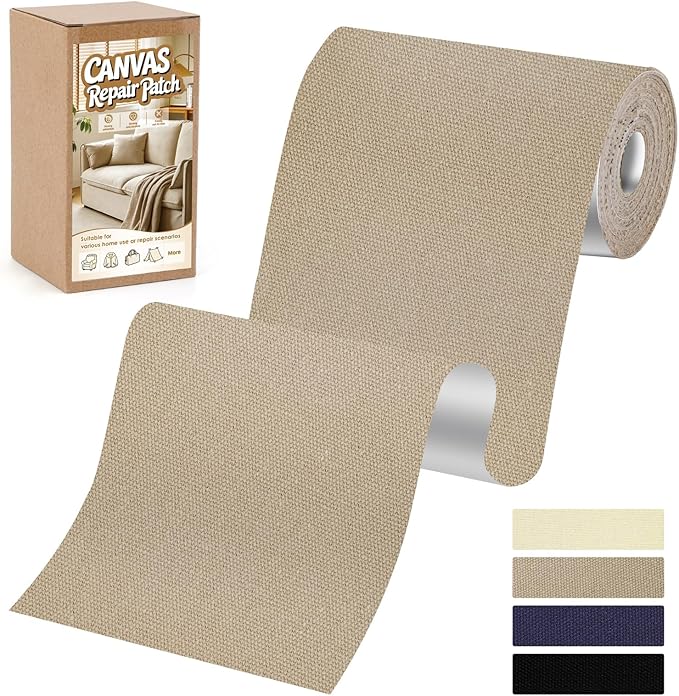 Canvas Repair Tape, 4x79 Inches Self-Adhesive Canvas Patch Repair Kit, Waterproof Fabric Tape for Furniture, Handbag, Clothes, Sun Umbrella, Tent, Boat Cover (Beige)