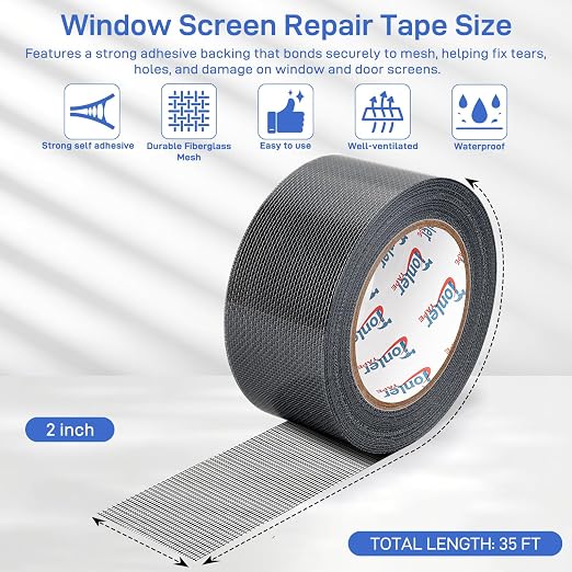 Window Screen Repair Tape 2 in x 40 FT Fiberglass Strong Adhesive Screen Patch, Waterproof Mesh Repair Kit for Window & Door Screen Holes Tears - Black