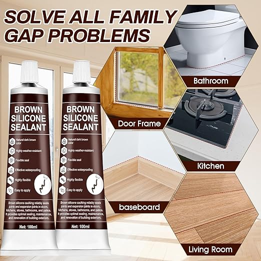 2 PCS Brown Caulk, 100% Waterproof Brown Silicone Caulk for Bathroom Shower Kitchen Tile Floor Sealing, Stronger Adhesion, Shrink & Crack Proof, with a Scraper for Applying Evenly, 100mlx2