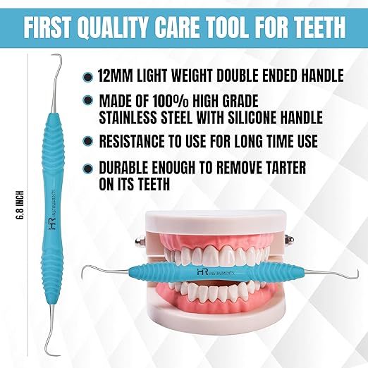 Professional Dental Tools Tartar Scraper for Dentist, Personal and Pets Use Plaque Remover with Comfortable Grip, Double Ended Silicon Grip Scaler H5/33 (Aqua)