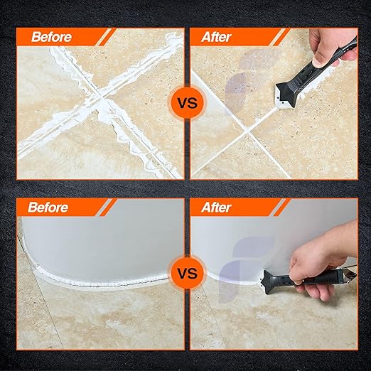 Caulking Tool 5 in 1 Silicone Caulk Remover Tool Kit, Grout Removal & Sealant Finishing Tool with Stainless Steel Scraper, 5 Silicone Pads for Bathroom Kitchen Sink Window Seam Repair