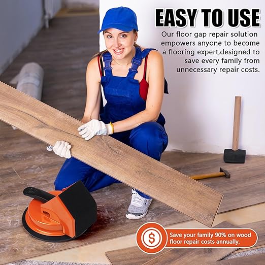 Floor Gap Fixer Tool 45°&90°Striking Surfaces Floor Gap Repair Tool Made of Iron & Enhanced Suction Cup with Slot Cutter and 5pcs Sticky Pads for Fixer Laminate/Vinyl Flooring Tools (Orange)