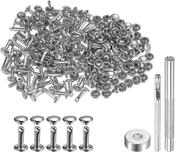 HARFINGTON 100 Sets Leather Rivets 10 x 6mm Metal Double Cap Rivet Snaps Studs Fasteners with 3pcs Setting Tools Rivets for Leather Craft DIY Repair Decoration, Silver Tone