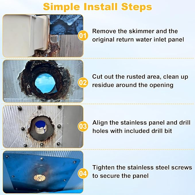 8x8-Inch Pool Water Return Repair Kit for Above Ground Pools Wall Repair Kit, Pool Skimmer Wall Repair Panel Kit with 2-3/8" Thru Hole, Drill Bit & Hardware for Rust at The Water Return Fitting