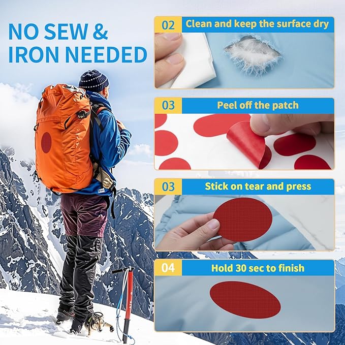 Waterproof Self-Adhesive Nylon Patches for Tent Repair Kit, 24pcs Outdoor Gear Tenacious Repair Tape, Fabric Patches for Clothes, Down Puffer Jacket, Tent, Sleeping Bag, Backpack, Red