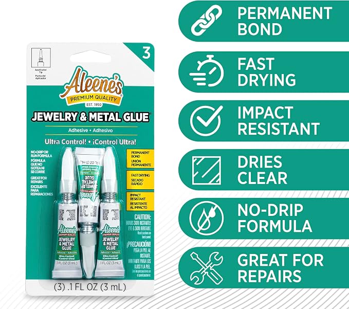 Aleene's Jewelry & Metal Glue, 0.1 oz 3-Pack - Instant Adhesive, Permanent Bond, Waterproof, Dries Clear, Ideal for Repairs and Jewelry Making