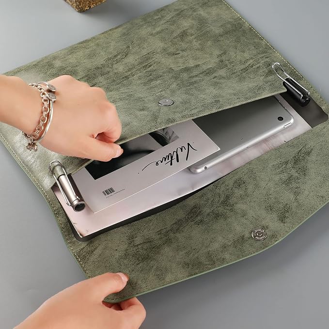 PU Leather A4 File Folder Document Holder Waterproof Portfolio Envelope Folder Case with Snap Closure Army-Green