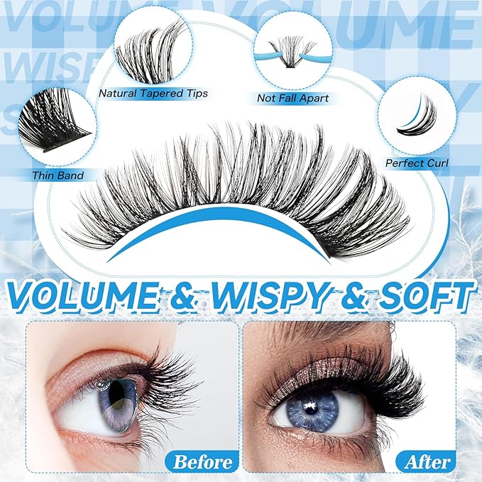 KEVKEV Lash Extension Kit 280Pcs Lash Clusters 60D+80D Eyelash Clusters Kit Individual Lashes With Lash Bond and Seal Lash Tweezers For DIY Lashes (10-18mm)