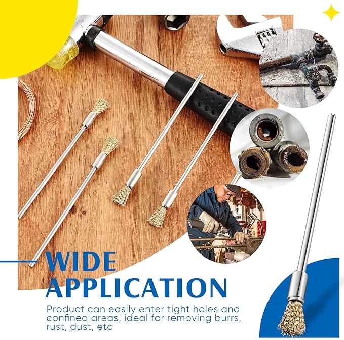 Lounsweer 10 Pcs Wire Brush Extended Cleaning End Brushes Pen Wire Scrub 3 mm Mandrel Rust Paint Removal Bits Polishing Rotary Tool Accessories, 6 mm End Scrub(Copper)