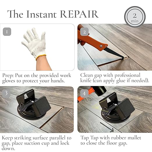 2026 Upgraded Floor Gap Fixer Tool, Heavy Duty Iron Dual 45°Striking Suction Cup for Vinyl Plank LVP, Laminate & Hardwood, 6pc Repair Set with Rubber Mallet & Gap Cleaning Knife (Black)