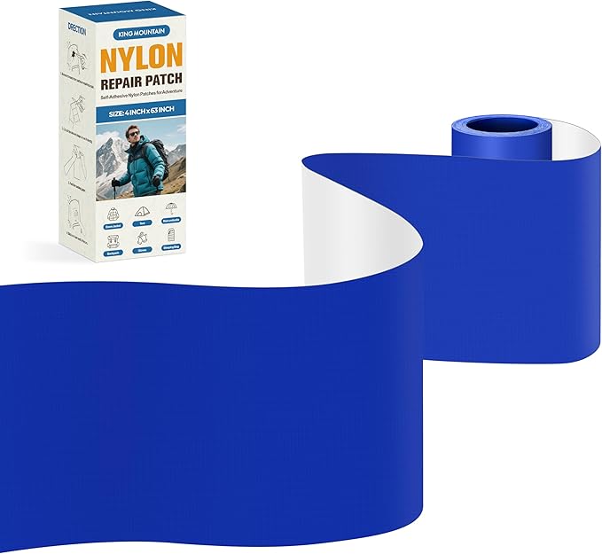 KING MOUNTAIN Self Adhesive Nylon Fabric Repair Tape, 4×63 Inches, Quick Down Jacket Repair Patch, Waterproof Outdoor Gear Patch Kit for Tent,Backpacks,Umbrella, Gloves, Sleeping Bag (Blue)