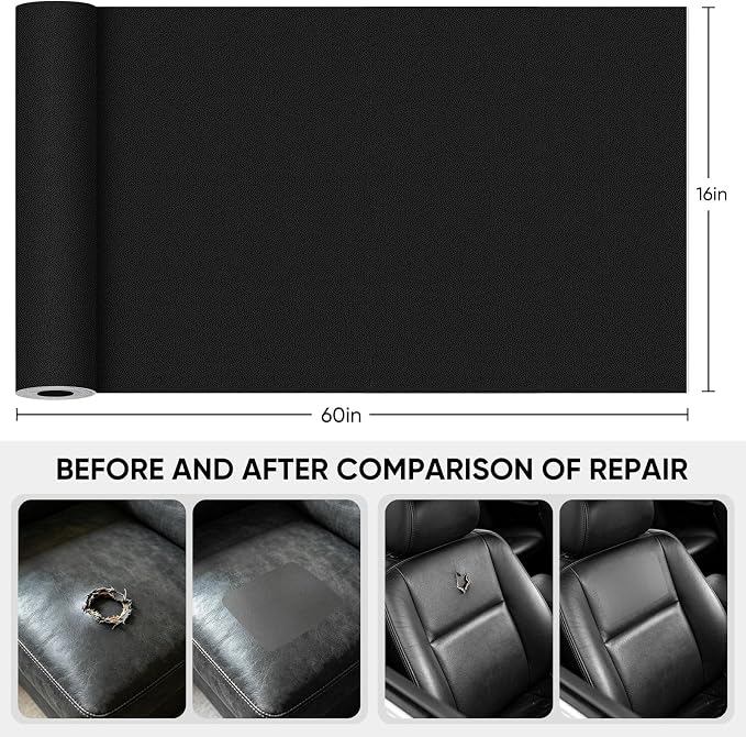 Leather Repair Tape,16 x60 Inches Self Adhesive Leather Repair Patch，Leather Repair Kit for Furniture，Couches,Car Seats,Cabinets,Handbags(Black)
