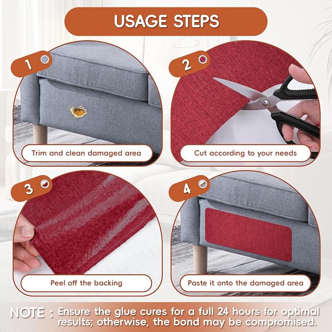 Linen Fabric Repair Tape 2 Pcs 8x12 Inch, Self Adhesive Couch Patch Repair Fabric Tape for Furniture, Linen Patch Kit for Couch, Carpet, Upholstery, Chair, Sofa, Cushion, Bag (Dark Red)