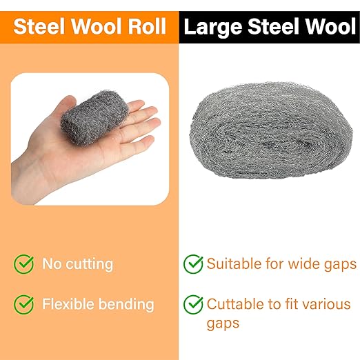 Bulk Steel Wool Roll Kit, Steel Wool 0000 15pcs, Gap Blocker, 0000 Steel Wool Keep Mice Away from Holes/Siding/Pipeline/Vents in Garden, House, 15 Pack × 1.6FT